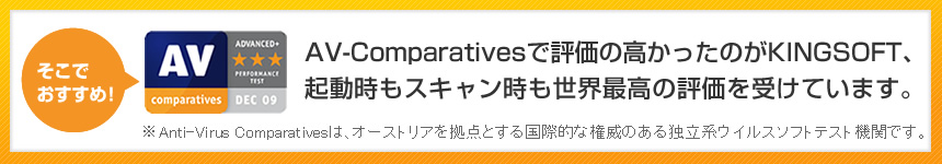 AV-Comparativesで評価の高かったのがKINGSOFT、起動時もスキャン時も世界最高の評価を受けています。