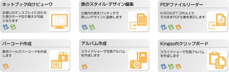 ネット向けビューワ,表のスタイル・デザイン編集,PDFファイルリーダー,バーコード作成,アルバム作成,Kingsoftクリップボード